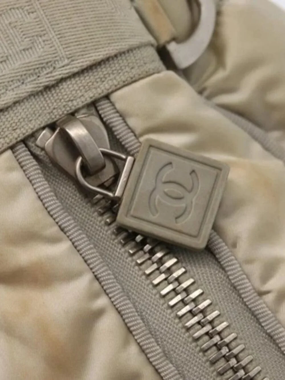 CHANEL Shoulder Bag Nylon Beige Silver CC Auth mr2413